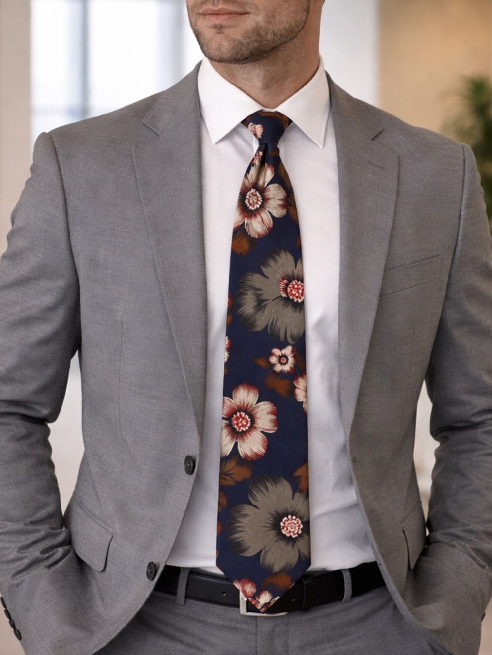 Vintage Adolfo Couture Silk Tie | Navy Floral Neck Tie Designer Statement Formal